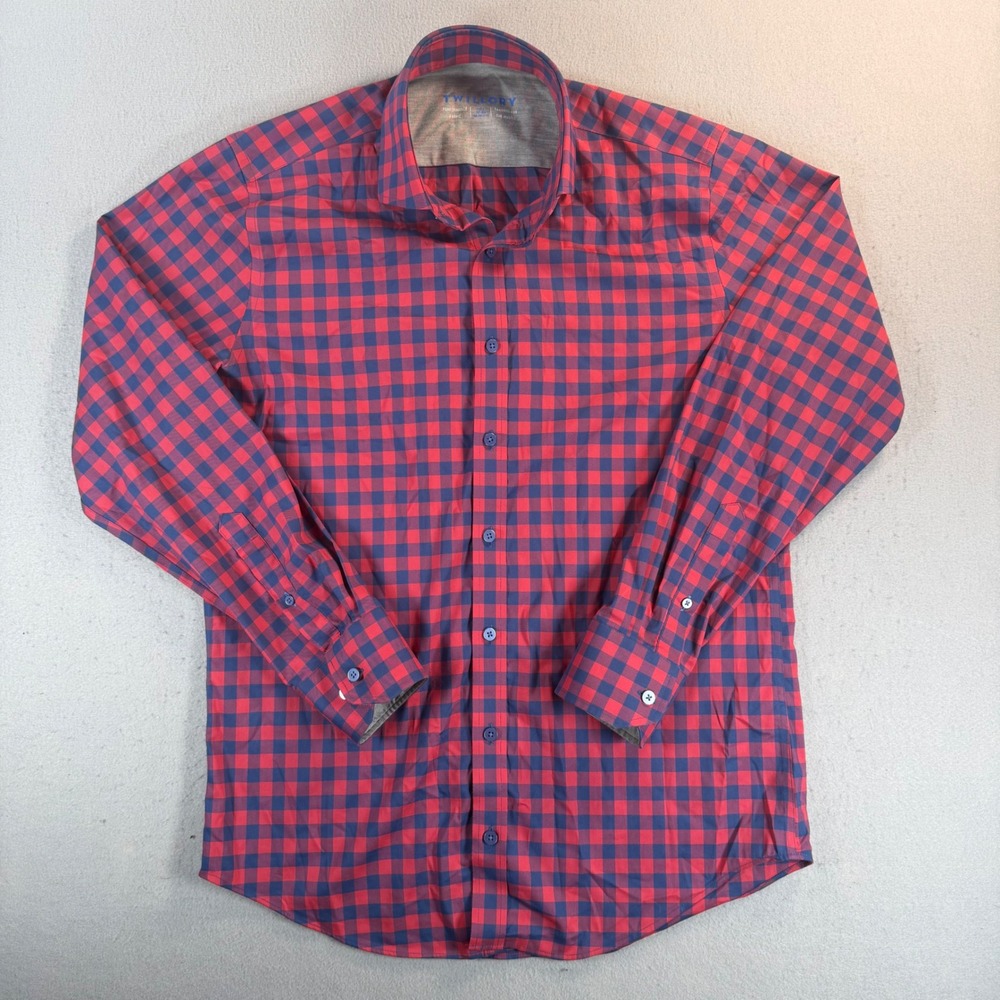 Twillory Non-Iron Dress Shirt Mens 16.5 34/35 Red Navy Blue Gingham Check L/S